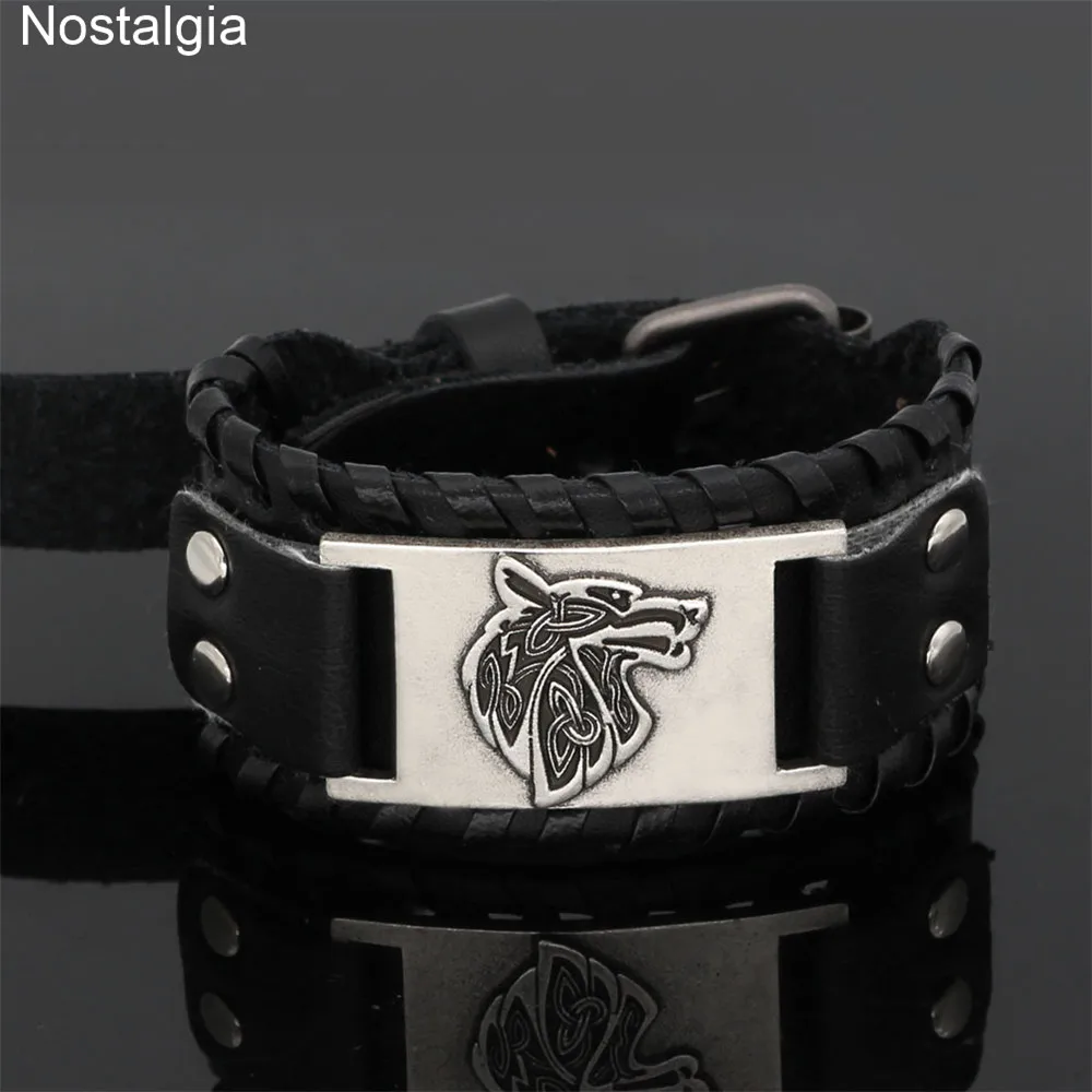 

Nostalgia Nordic Teen Wolf Viking Jewelry Black Brown Leather Cuff Bracelets Bangles Wicca Vikingos Accessories