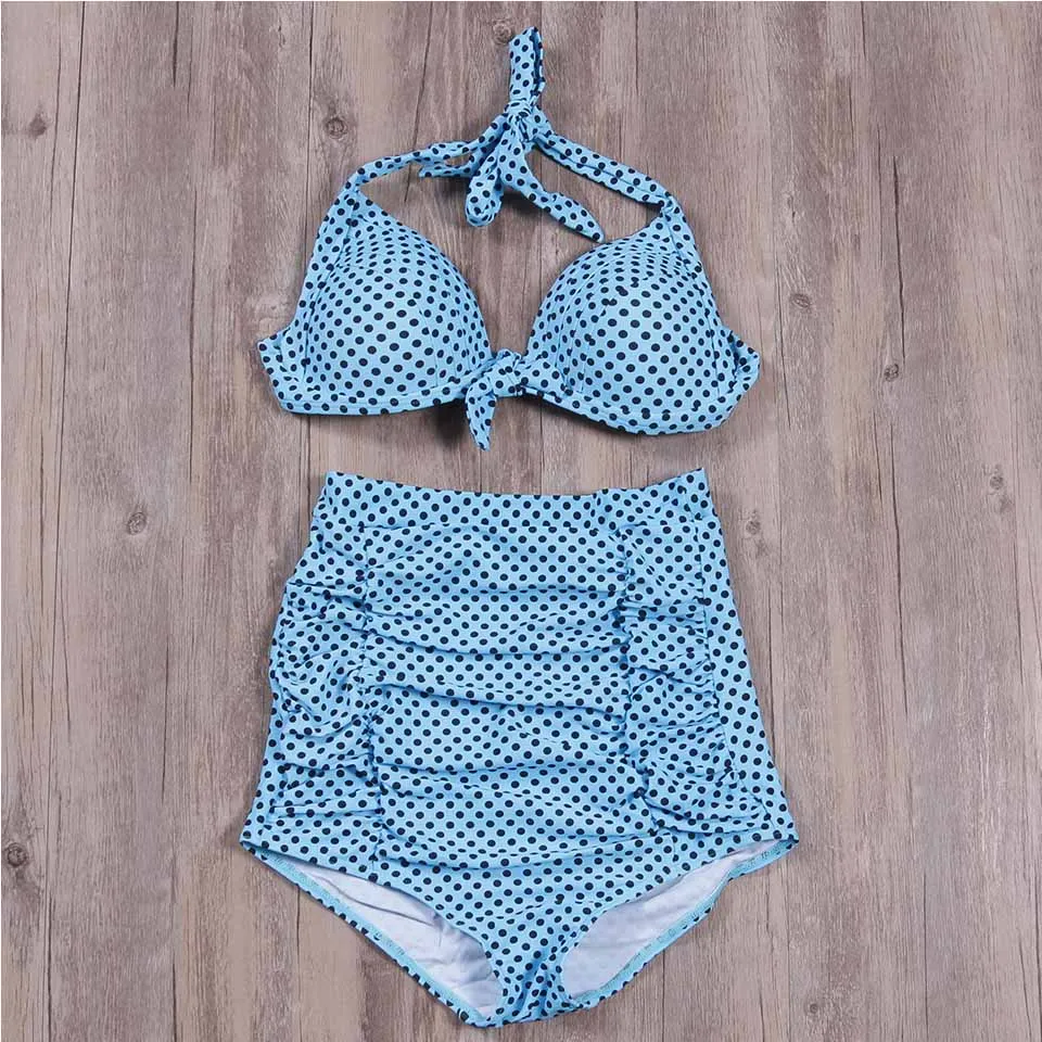SUNRAINBOW 2019 Bikini Set New High Waist Push Up Swimsuit Bikinis Women Solid Print Swimwear Vintage Retro Halter Bathing Suit |