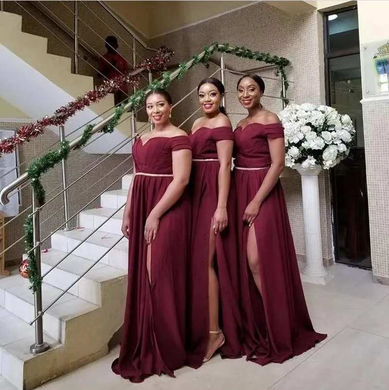 

Burgundy Sweetheart Cap Sleeves Chiffon Side Slit Pleated Bridesmaid Dresses Cheap Chiffon Court Train Bridesmaid Gowns