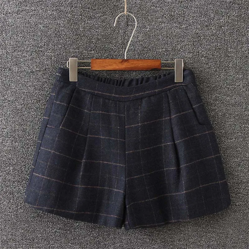 Merched карманы Винтаж Шорты женские шерстяные на осень зиму клетчатые шорты