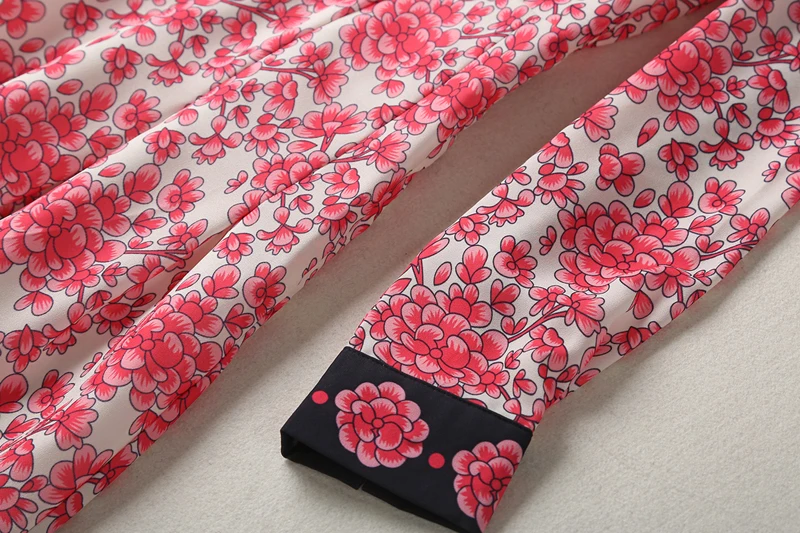 

Europe Style 2018 Spring Newest A-Line Turn-down Collar Full Sleeve Floral Print Bow Elegant knee-Length Long Dress Women