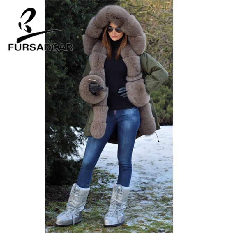 FURSARCAR Real Fur Coat Women With Large Fox Fur Hood And Cuff Luxury New Winter Thick Warm Military Style Fur Parka For Female