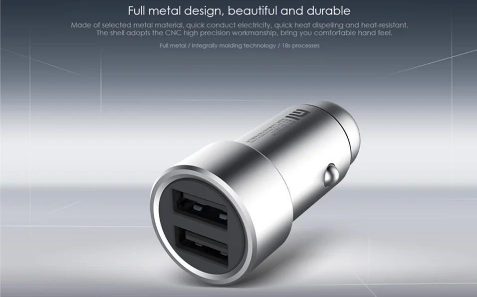 Xiaomi Mi автомобиля Зарядное устройство QC3.0 X2 Dual USB Быстрая зарядка макс. 5 В/3A 9В/2A 15В/1.5A металлический Стиль