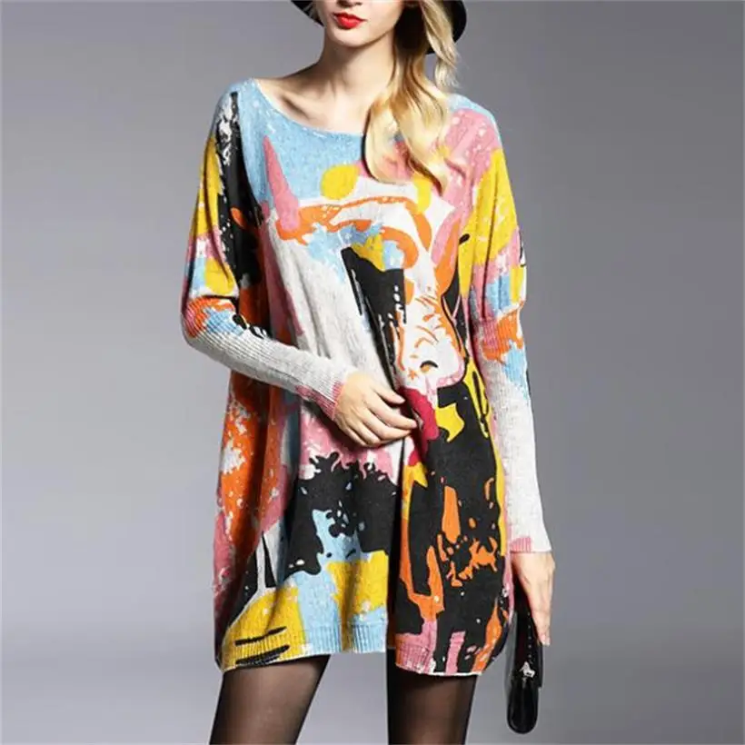 

women's clothing ladies big yards loose knitted sweater women print batwing sleeve pullover sweaters