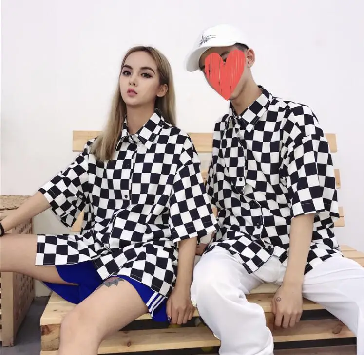 Летняя рубашка в клетку с коротким рукавом для мужчин и женщин|shirt top|plaid shirtman and women
