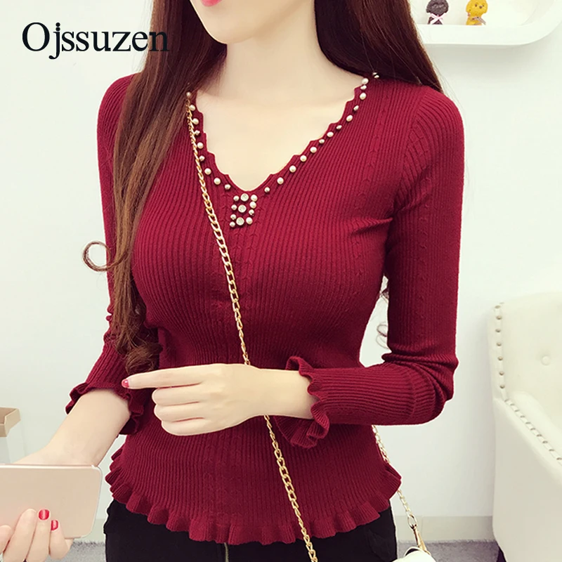Spring V Neck Sweaters Knitted Women's Pullovers Autumn White Long Sleeve Office Lady's Sweater Casual Solid Ruffles Beading | Женская