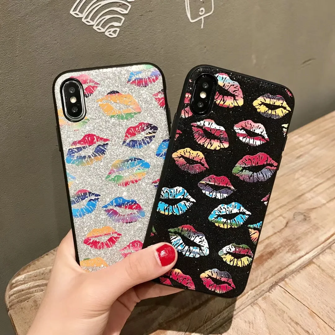 Kerzzil Sexy Red Lips Flash Powder Hard Phone Cases for iPhone X 7 6 S 8 Plus TPU Soft edge 6s Fundas |
