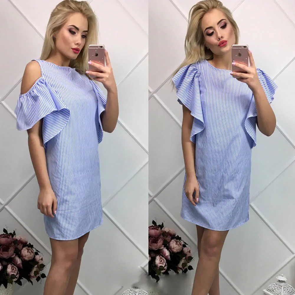 Для женщин выдалбливают воланами летняя Striped Cold Shoulder платье с рюшами Платье