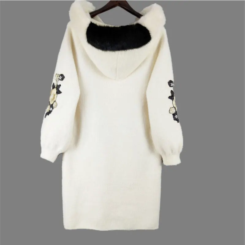 white Flower fur Модный толстый теплый вязаный кардиган из искусственной норки, пальто с капюшоном и вышивкой лебедя, Длинная женская куртка, осенне-зимняя ветровка - Цвет: white Flower fur