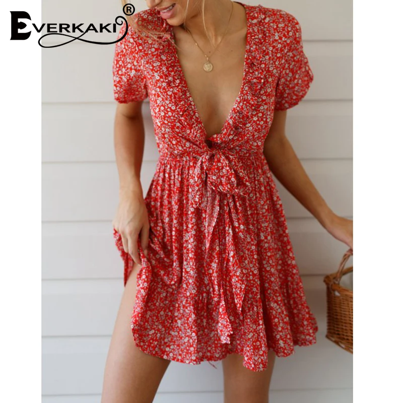 Everkaki Boho мини-платье с принтом женское платье эластичной талией и v-образным