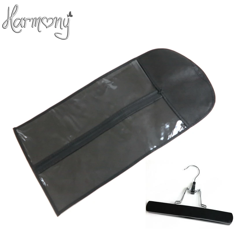

5 bags + 5 hanger black zipper hanger hair extension packaging suit case bag for weft hair extensions & clipin hair and ponytail