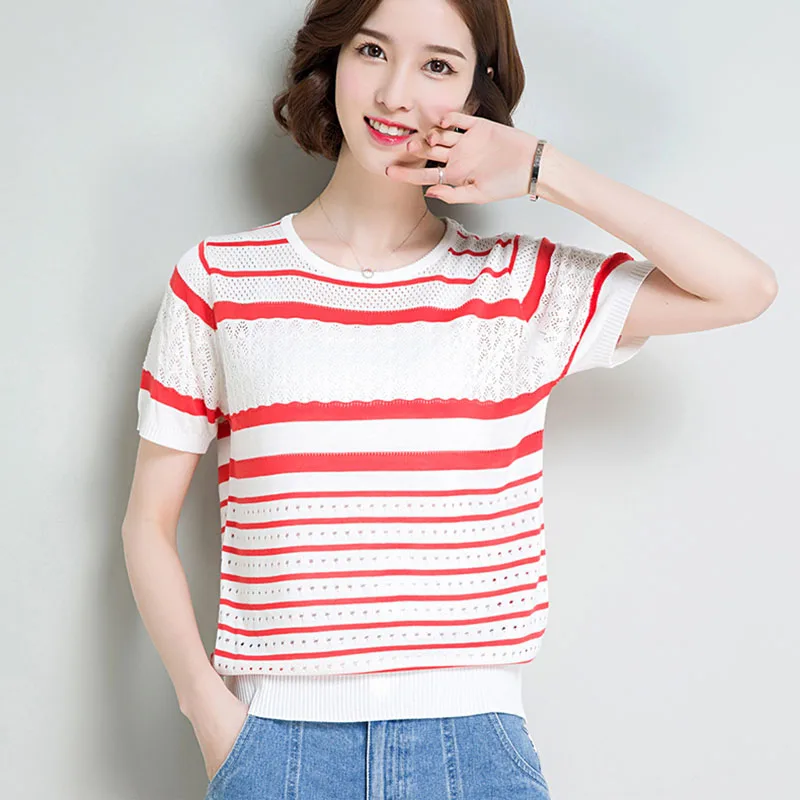 Женский пуловер с коротким рукавом желтый трикотажный джемпер в полоску лето 2021 |