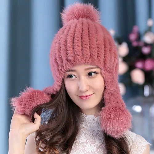 dark pink Роскошные милые шапки из натурального меха норки для девочек, женские зимние теплые вязаные шапки из натурального меха норки, модные шапки из трех лисьего меха, шапка из меха норки - Цвет: dark pink