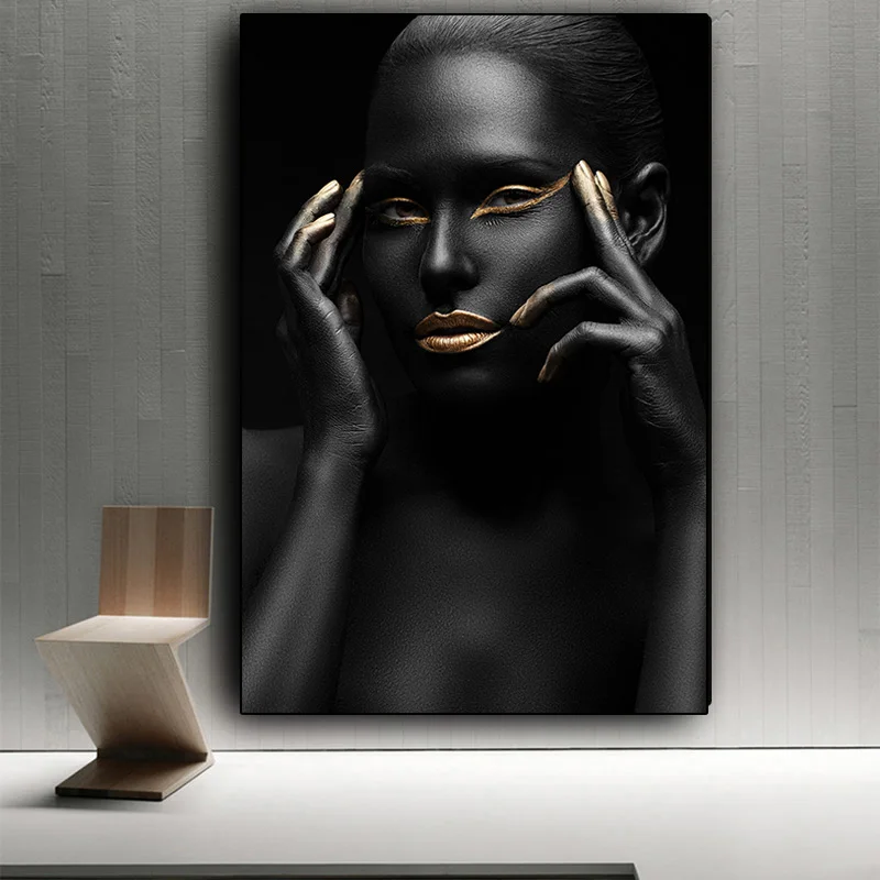 

African Art Nude Woman Black Gold Wall Art Canvas Painting Cuadros Nordic Wall Picture for Living Room Decoration Unframed