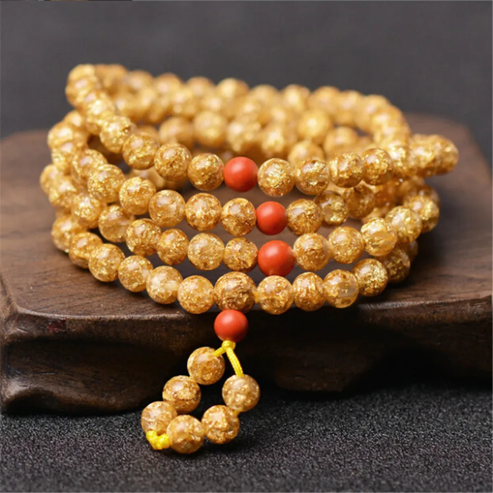 

New Design Fashion Gold Foil 108 Mala Beads Prayer Bracelet Cinnabar Spacer DIY Handmade Beads Women Yoga Hand String Wholesale