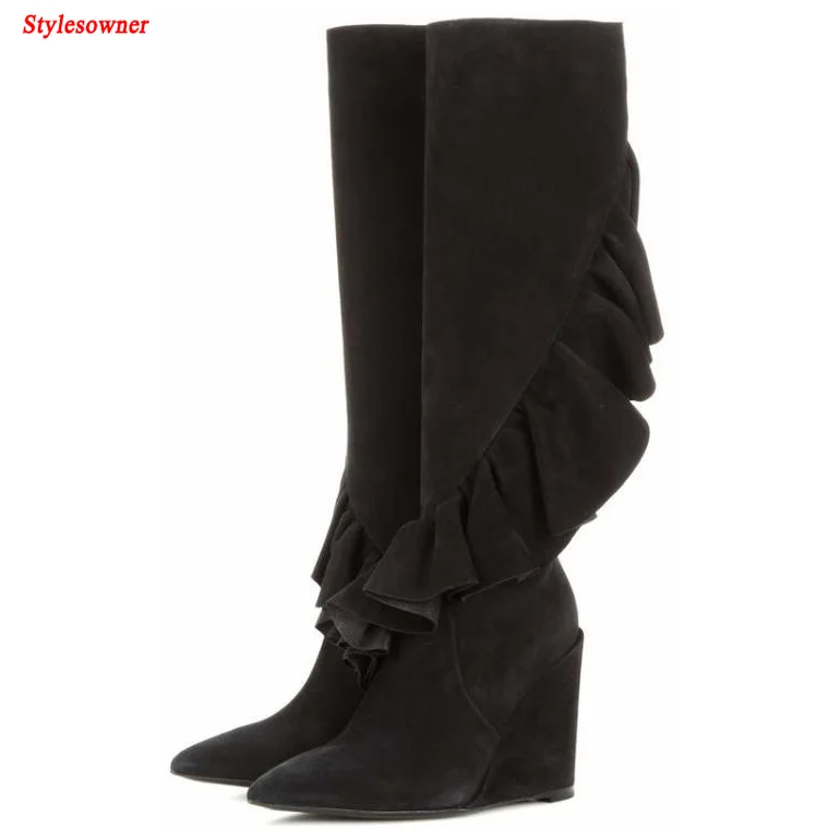 Stylesowner модные сапоги с боковой молнией Mujer вырезами клинья острый носок бахромой