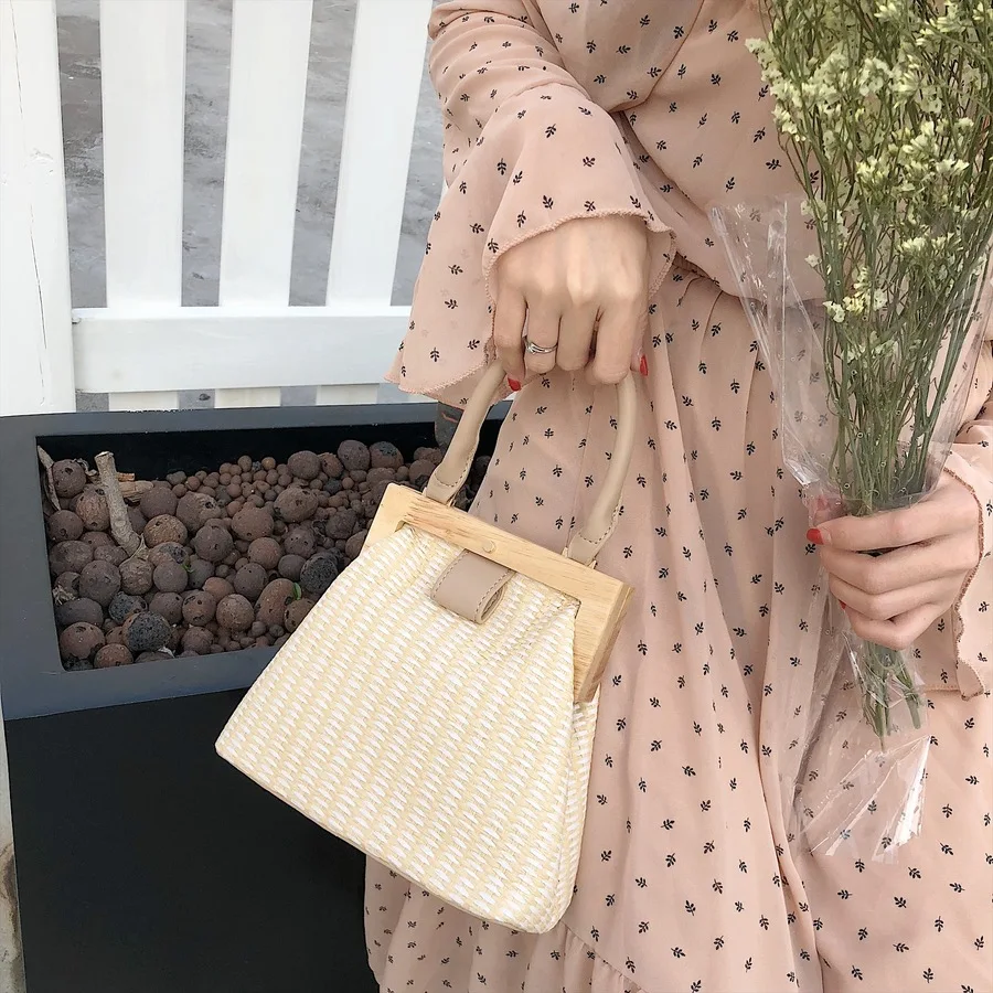 Винтажные плетеные соломенные женские сумки через плечо с деревянной ручкой