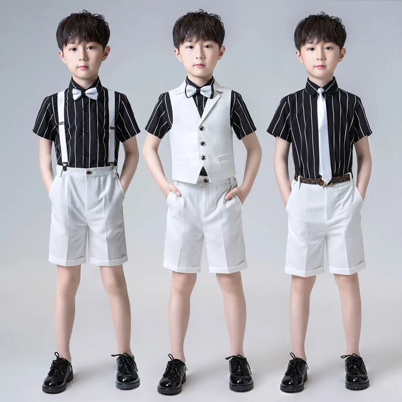 Flower Boys Fomal Wedding Dresses Set Kids Host Piano Performance Catwalk Costumes Children Striped Shirt Shorts Vest Clothes | Детская