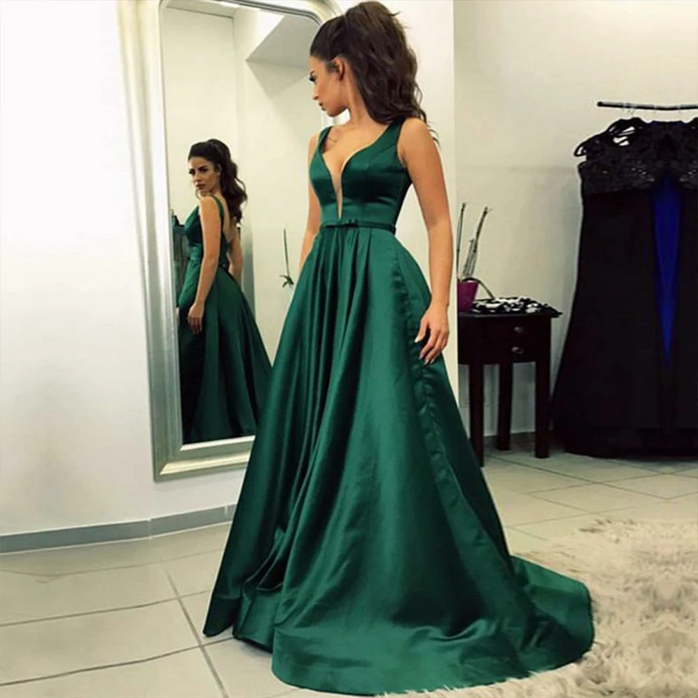 Vestidos Satin Prom Dress A-Line Long with Sash Pockets Green Formal Gowns robe-de-soiree | Свадьбы и торжества