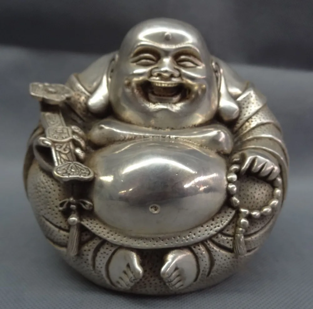 

decoration bronze factory outlets Tibet Silver Chinese Silver Buddhism RuYi Happy Laughing Maitreya Buddha Bead Brass Fo Statue