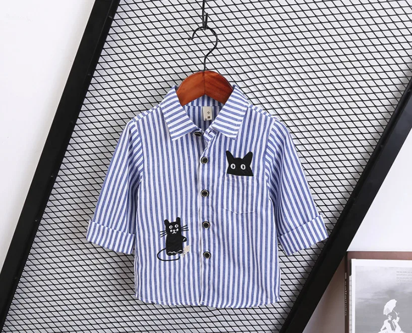 Рубашка в клетку для мальчиков с длинным рукавом полоску мультяшным котом