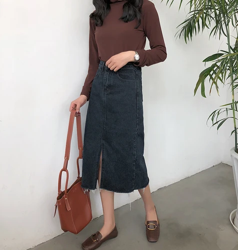 Женская винтажная длинная джинсовая юбка элегантная Корейская с разрезом