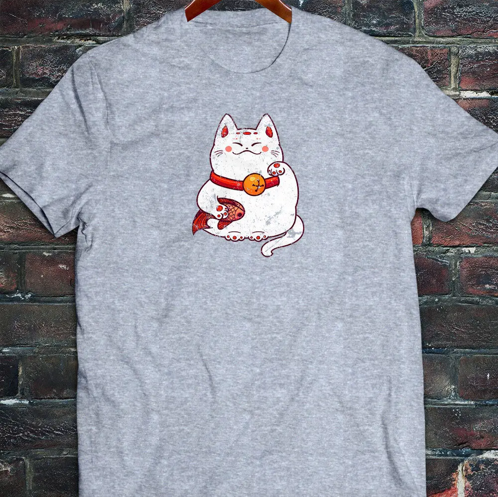 GOOD LUCK CAT MANEKI NEKO LUCKY CHARM Китайская японская мужская серая футболка с рисунком из