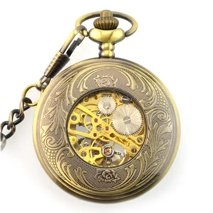 Brown Antique Gear Skeleton Mechanical Hand Wind Pocket Fob Watches Clamshell Men's Watch Pendant Necklace Retro Souvenir Gift | Наручные