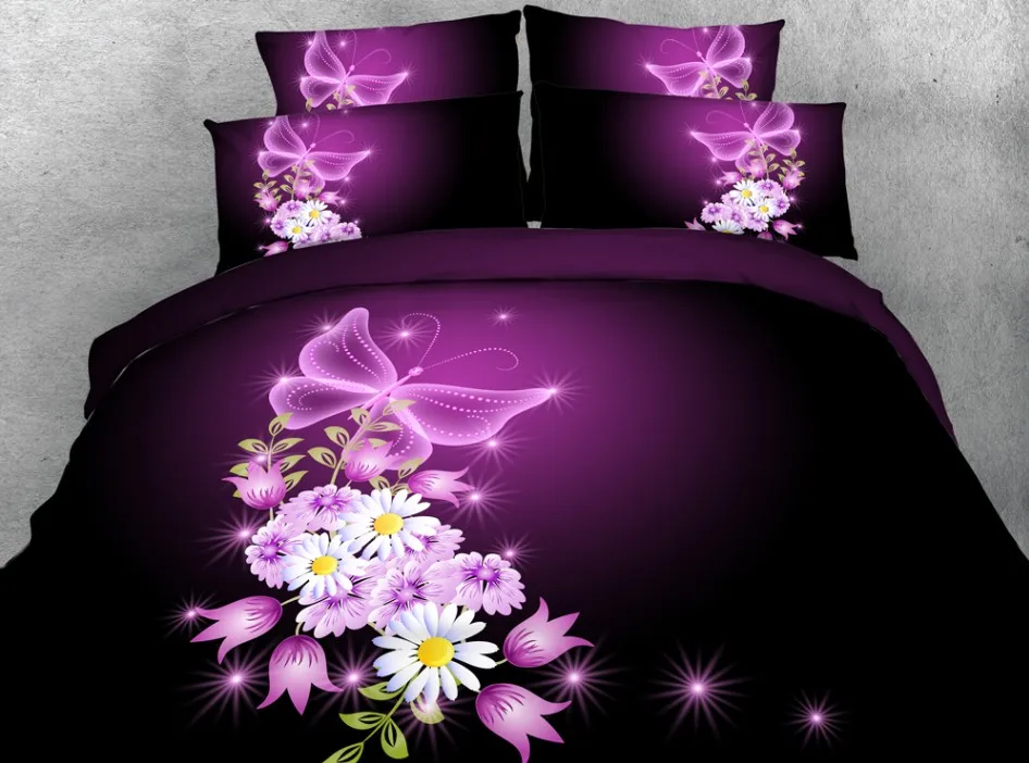 

3D Purple Floral Bedding set Rose Flower quilt duvet cover bed sheet linen bedspread Super King Queen size twin Butterfly 4PCS