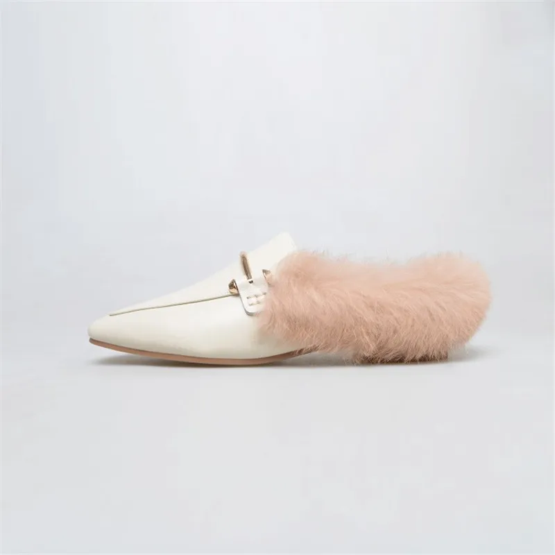 Beige Slippers ENNIS/ г., черные Лоферы женская обувь из натуральной кожи, без задника, зимняя обувь с натуральным кроличьим мехом, пряжки для тапочек, модная повседневная обувь C857 - Цвет: Beige Slippers