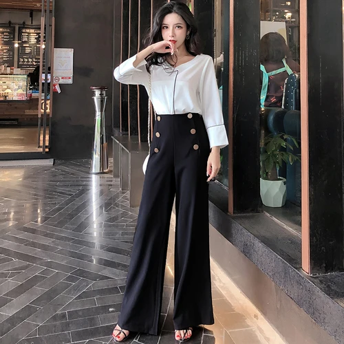 

Office Lady 2 Piece Set Women Office Work Pantalon Taille Haute Femme Wide Leg Pants Conjunto Feminino Pantalon Femme Woman Suit