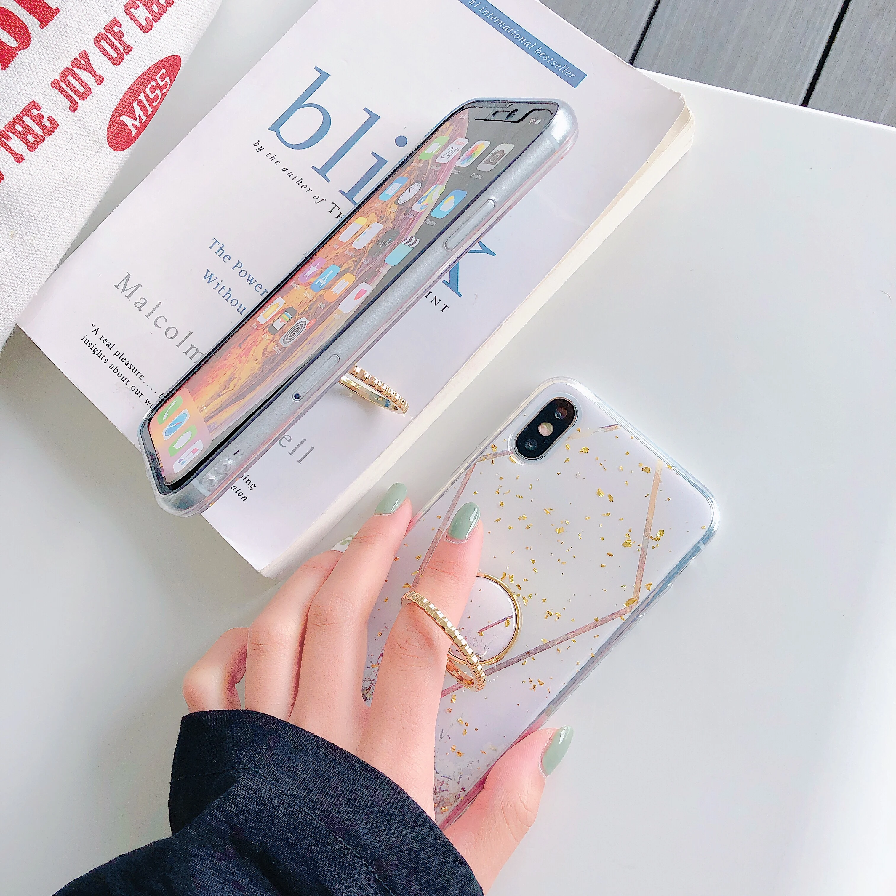 Чехол для iPhone Xr X Xs максимальный чехол Свежий блестящий синий Алмазный Finger Stand