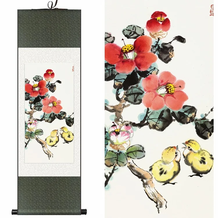 Традиционный китайский шелк акварель цветок птицы чернила камелии цыплят