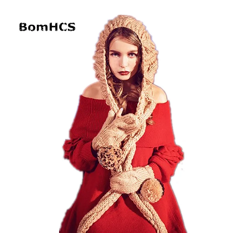 BomHCS Winter Warm Big Pompoms Beanie with Scarf & Gloves 100% Handmade Knit Suit Hat Neckerchief Mittens