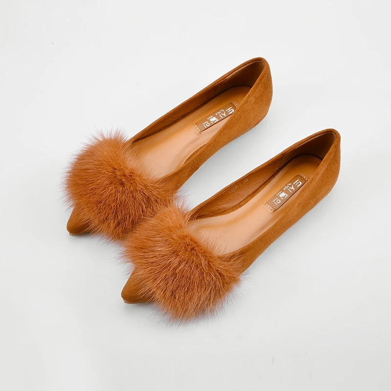 Luxury designer mink hair pointed toe creepers flats shoes high quality flock ballet flats women cozy moccasins big size 34-41