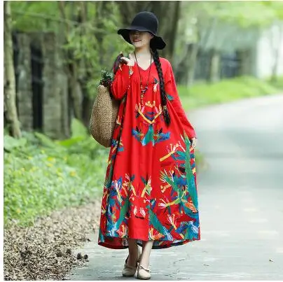 001 Plus Size Women Vintage Dress Summer Autumn Sundress Cotton Linen Vestidos Lady Long Dresses Print Floral Loose Casual Dress - Цвет: 001