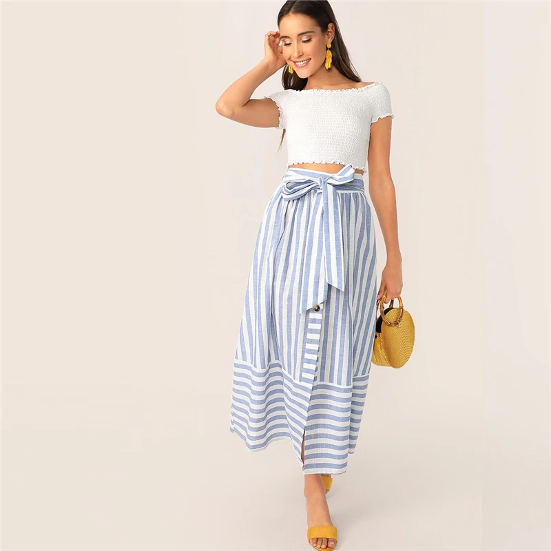 SHEIN Полосатая Юбка С Поясом И Разрезом Женская Летняя Синяя Богемная Юбка В Полоску С Бантом
