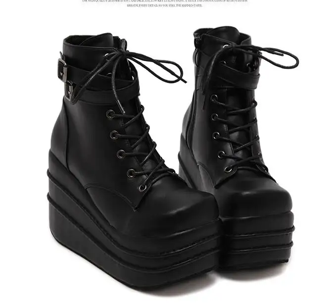 Размеры 35-42; Botas Mujer Plataforma; коллекция года; зимние женские ботинки; белые ботинки на высокой танкетке в стиле панк; ботинки на танкетке со шнуровкой