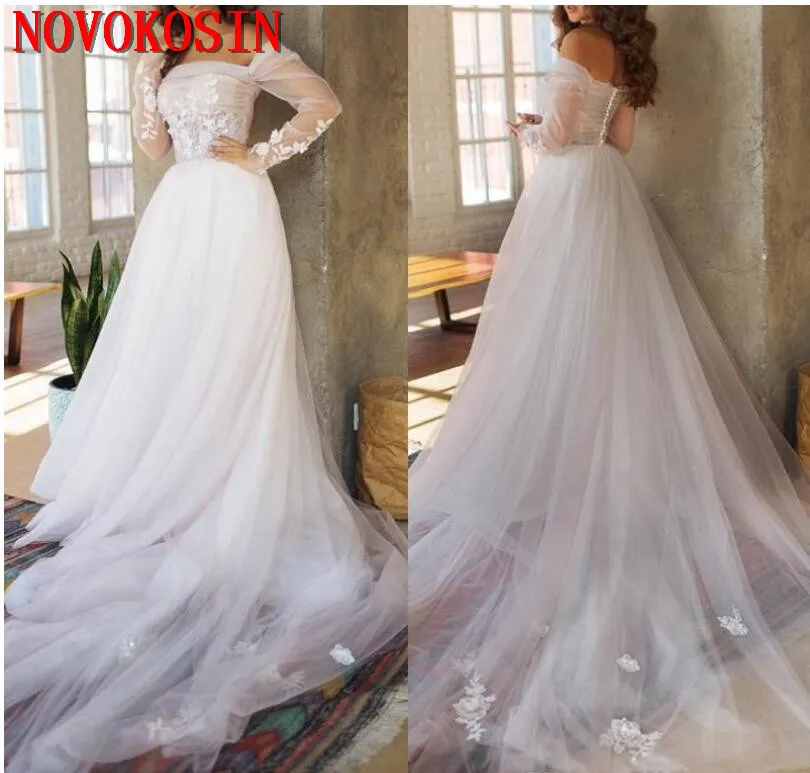 2019 Sexy Off Shoulder A Line Wedding Dresses With Long sleeves Plus Size Summer Beach White Tulle Appliqued Bridal gown | Свадьбы и