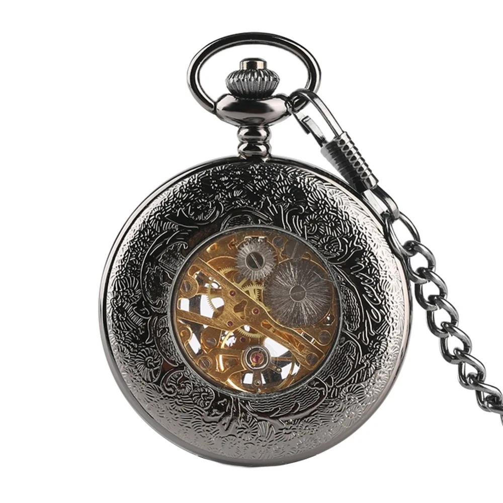 Vintage Luxury Brand Necklace Mens Pocket Watch, Black Steampunk Skeleton Mechanical Pocket Watch for Man, Clock Pocket Watches