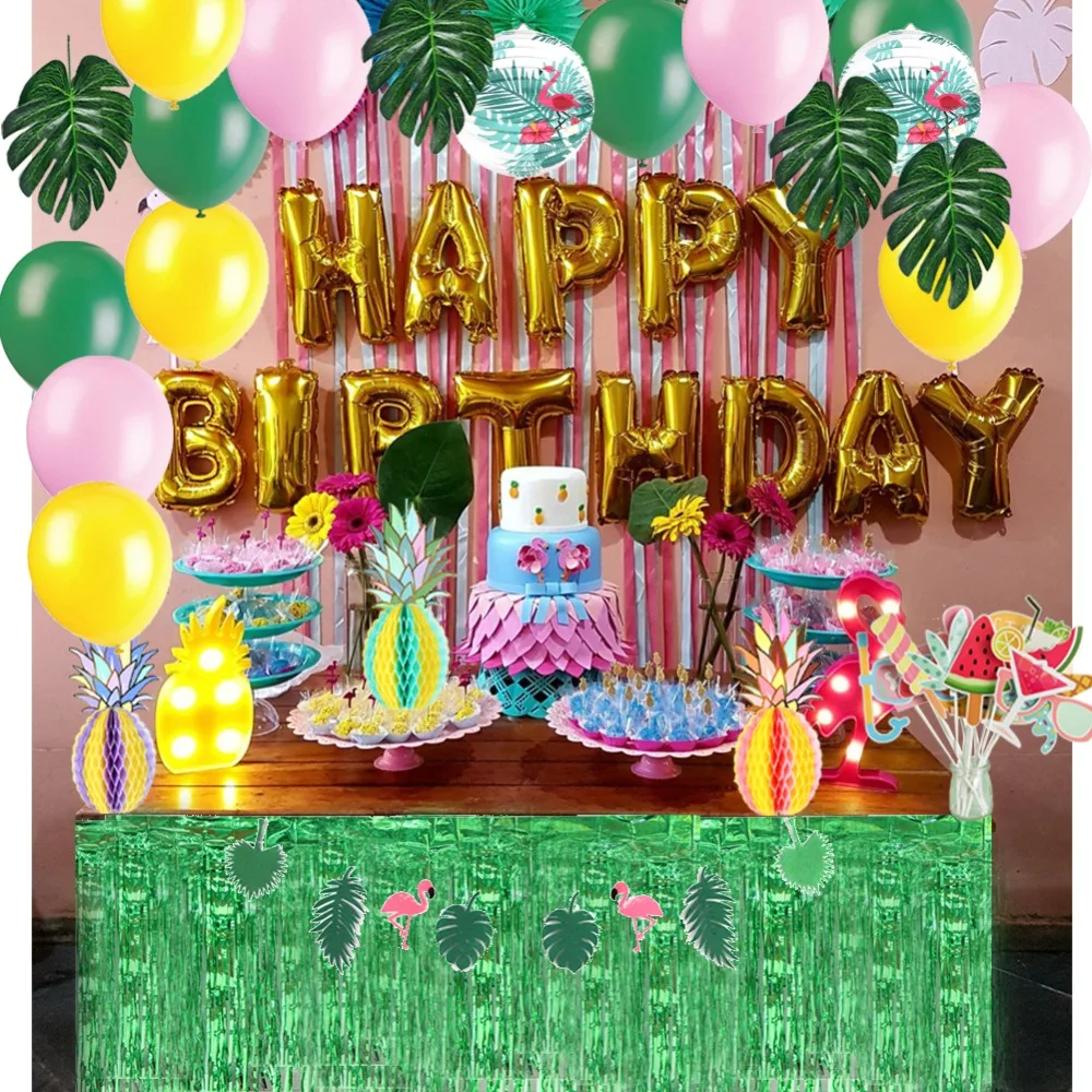 Summer Happy Birthday Party Decoration Set Jungle Foil Balloon Flamingo Lantern Pineapple Table Skirt Palm Leaves Photo Decor | Дом и сад