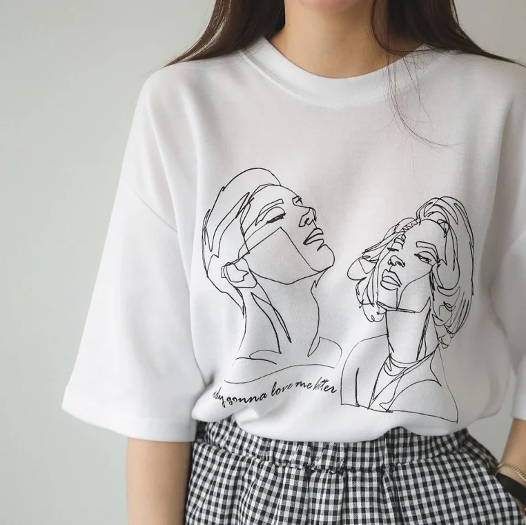 hahayule-JBH Women Korean Fashion Art Drawing T-Shirt Cute Ulzzang Oversized White Tee Street Style Shirt | Женская одежда