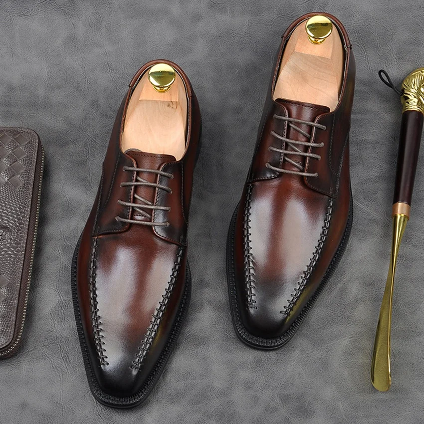 

High Quality Handmade Formal Dress Modern Men Derby Oxfords Shoes Genuine Leather Square Toe Wedding Party Goodyear Flats AM172