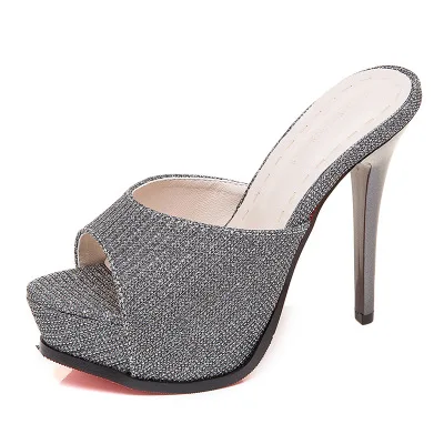 Gun color FeiYiTu/Коллекция года; Летние Стильные женские туфли на высоком каблуке 12 см; туфли без задника с острым носком; пикантные женские шлепанцы без задника на тонком каблуке; женские уличные тапочки - Цвет: Gun color