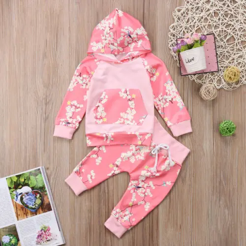 Футболка с капюшоном и цветочным принтом для новорожденных топы длинные штаны