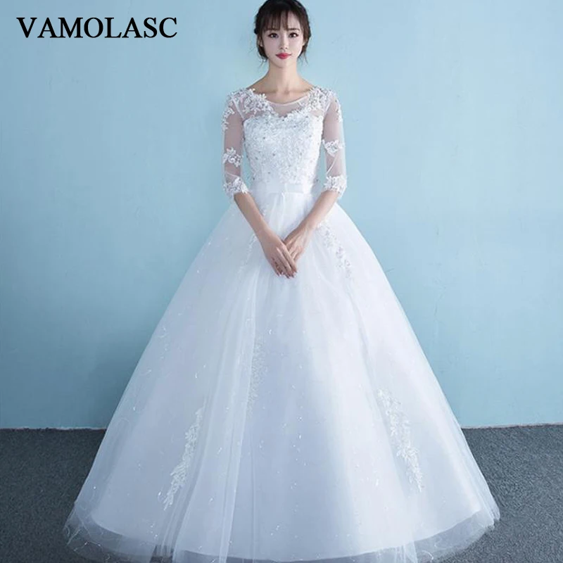 

VAMOLASC Crystal O Neck Lace Appliques Ball Gown Wedding Dresses Illusion Half Sleeve Bow Sash Backless Bridal Gowns