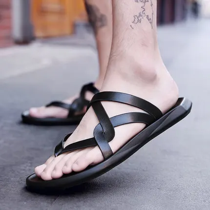 Новинка 2017 г. мужчин Натуральная кожа Флип-Флоп Сандалии Летняя повседневная