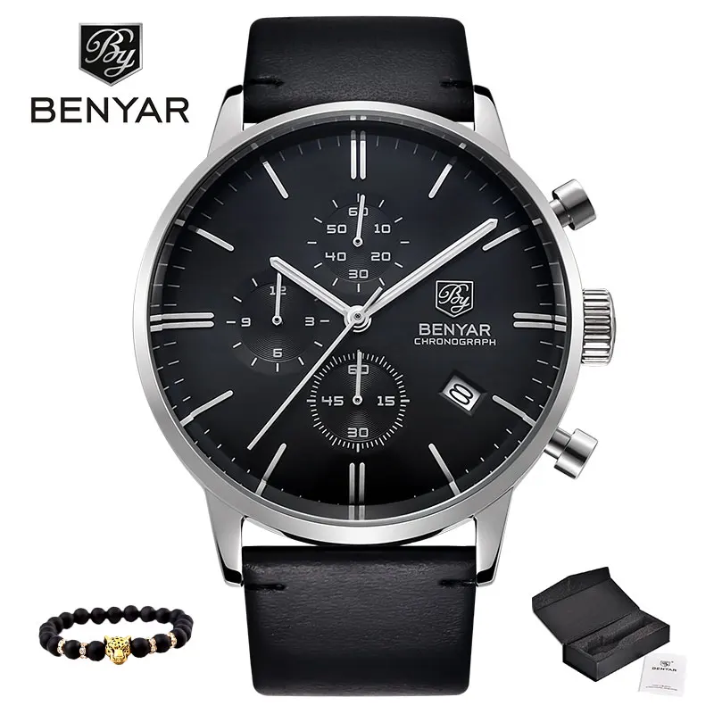 Silver-Black BENYAR Для мужчин спортивные часы Повседневное модный бренд Водонепроницаемый военные календарь кожаные кварцевые часы, простой Relogio Masculino - Цвет: Silver-Black
