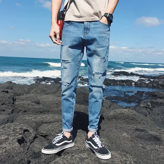 

Fashion 2020 spring autumn Casual hip hop harem teenagers light blue Knee cut hole ankle length pencil pants men 28-34