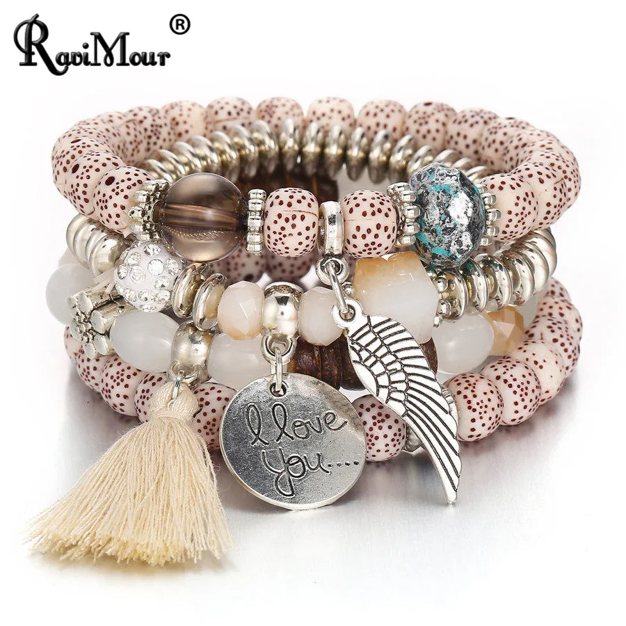 Женский богемный Браслет RAVIMOUR, винтажная бусина с гравировкой в виде перьев и кисточками, Ювелирное Украшение в этническом стиле